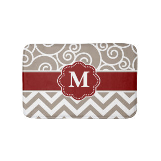 Beige Red Swirl Chevron Monogram Bathmat