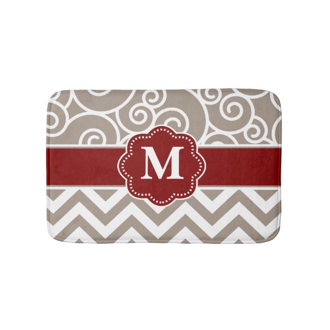 Beige Red Swirl Chevron Monogram Bathmat (Front)