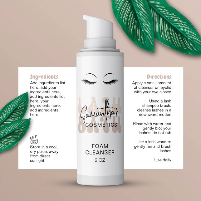 Beige Retro Font Lash Bath Shampoo Wrap Around Sticker (Brand your eyelash bath bottles with this trendy beige & white foam bottle label design)