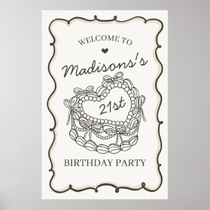 Beige Retro Heart Coquette Cake Birthday Welcome Poster