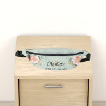 Beige rose gold floral green name monogram fanny pack<br><div class="desc">A green coloured background,  black and golden text. Decorated with watercolored rose gold roses,  eucalyptus greenery and golden sprigs. 
Personalize and add your first name,  monogram initials and full name.</div>