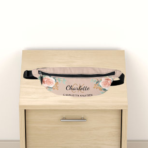 Beige rose gold floral greenery name monogram fanny pack