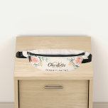 Beige rose gold floral greenery name monogram fanny pack<br><div class="desc">A beige,  cream coloured background,  black and golden text. Decorated with watercolored rose gold roses,  eucalyptus greenery and golden sprigs. 
Personalize and add your first name,  monogram initials and full name.</div>
