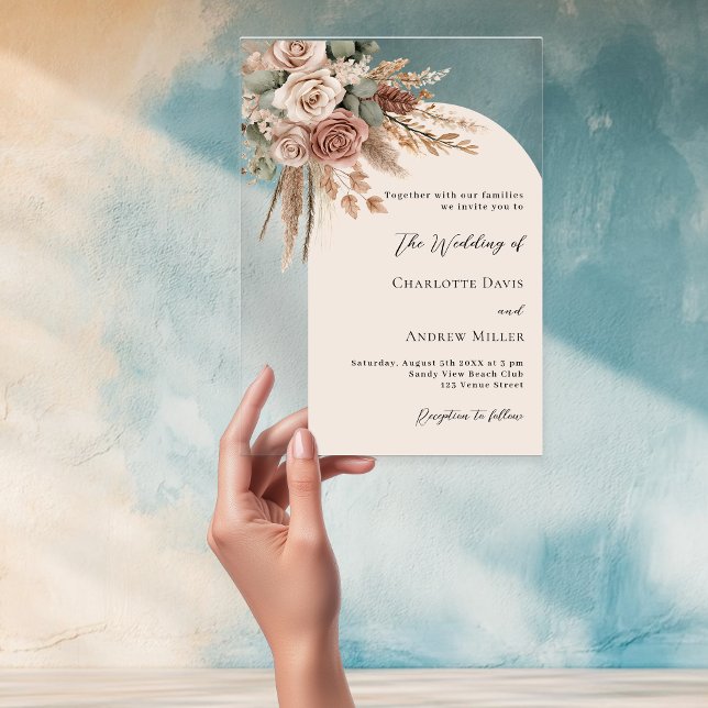 Beige roses pampas grass arch clear boho wedding acrylic invitations (Creator Uploaded)