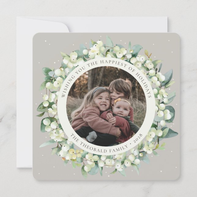 Beige Round/Square Snowberry+Eucalyptus Photo Holiday Card (Front)