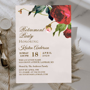 Beige Royal Red Floral  Retirement Party  Invitation