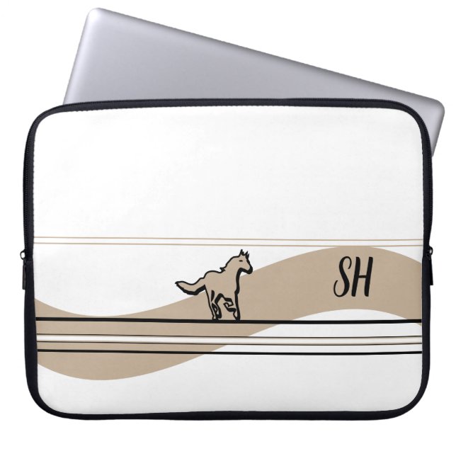 Beige Running Horse Design and Initials Laptop Sleeve (Front)