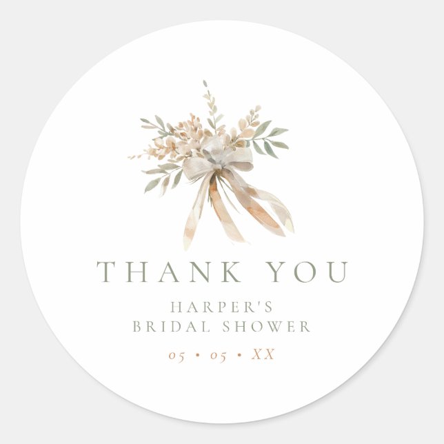 Beige & Sage Flowers & Bow Bridal Shower Thank You Classic Round Sticker (Front)