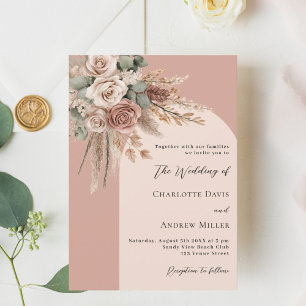Beige sage green roses pampas arch wedding invitation
