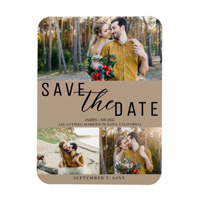 Beige Save the Date Wedding 3 Photos Magnet (Vertical)