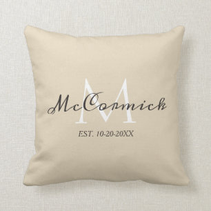 Beige Script Monogram Family Personalized Throw Pillow