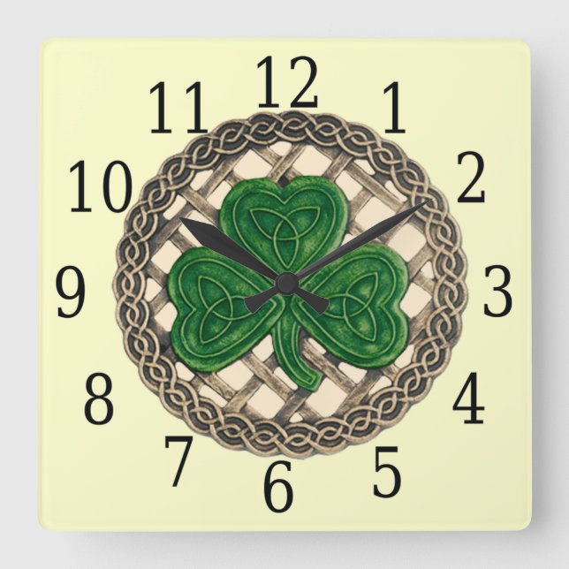Beige Shamrock And Celtic Knots Square Clock (Front)