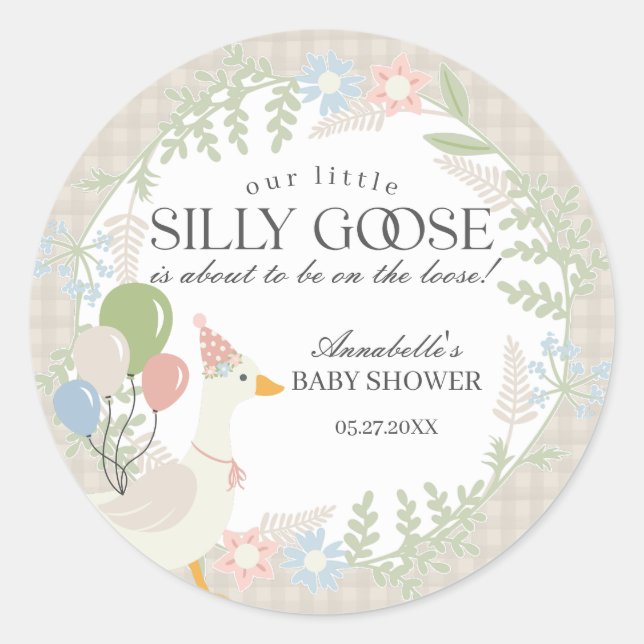 Beige Silly Goose Floral Gingham Baby Shower Favou Classic Round Sticker (Front)