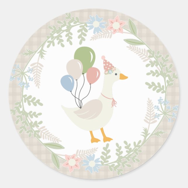 Beige Silly Goose Floral Gingham Favours Classic Round Sticker (Front)