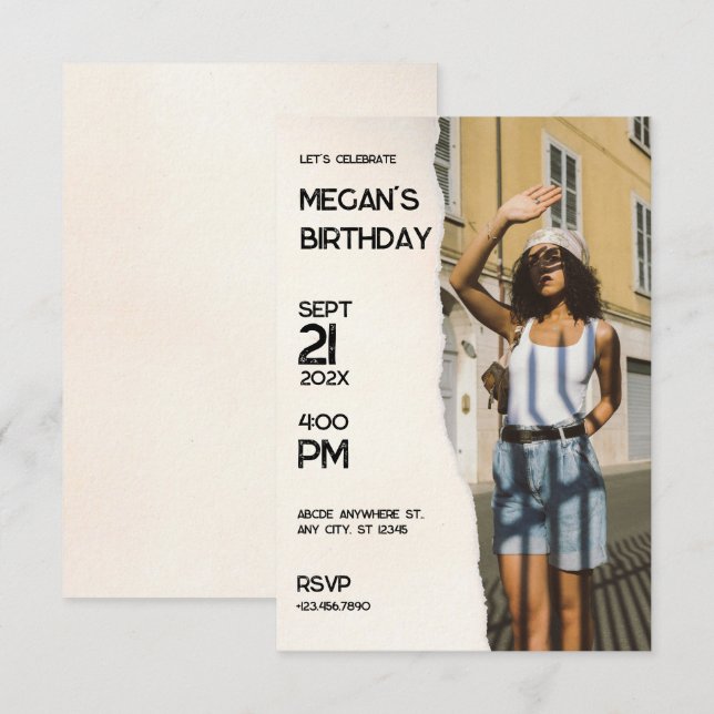 Beige simple fashion photo birthday invitation (Front/Back)