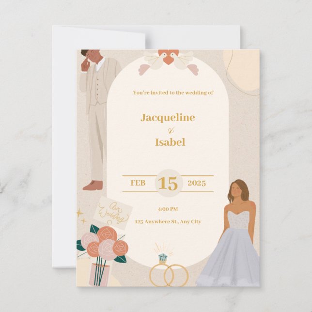 Beige Simple Illustration Wedding Invitation (Front)