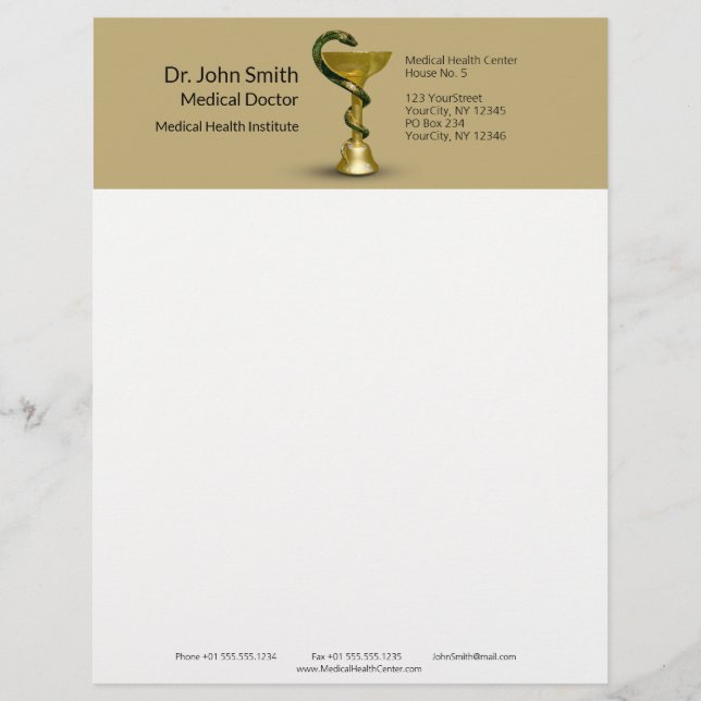Beige Snake Bowl Medical Hygieia Gold Caduceus Letterhead (Front)