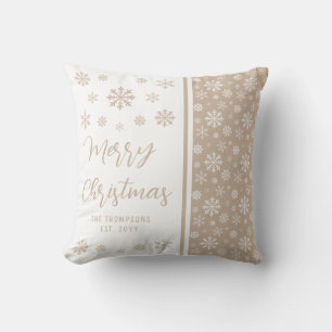 Beige Snowflakes Merry Christmas With Family Name Throw Pillow