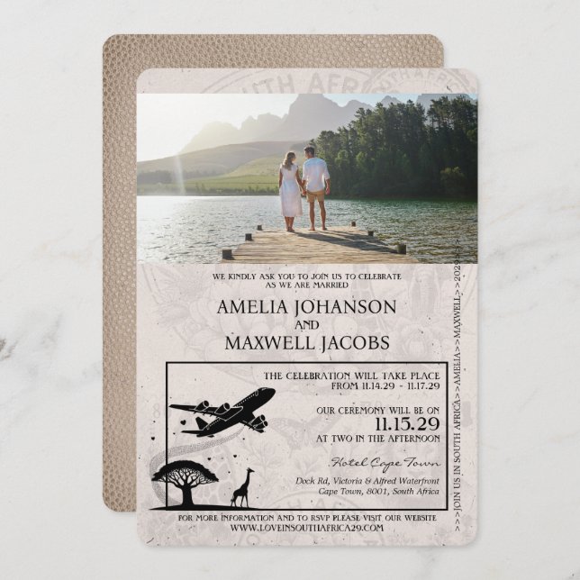 Beige South Africa Passport Wedding Invitation (Front/Back)