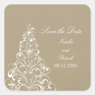 Beige Sparkly Holiday Tree Save the Date Stickers