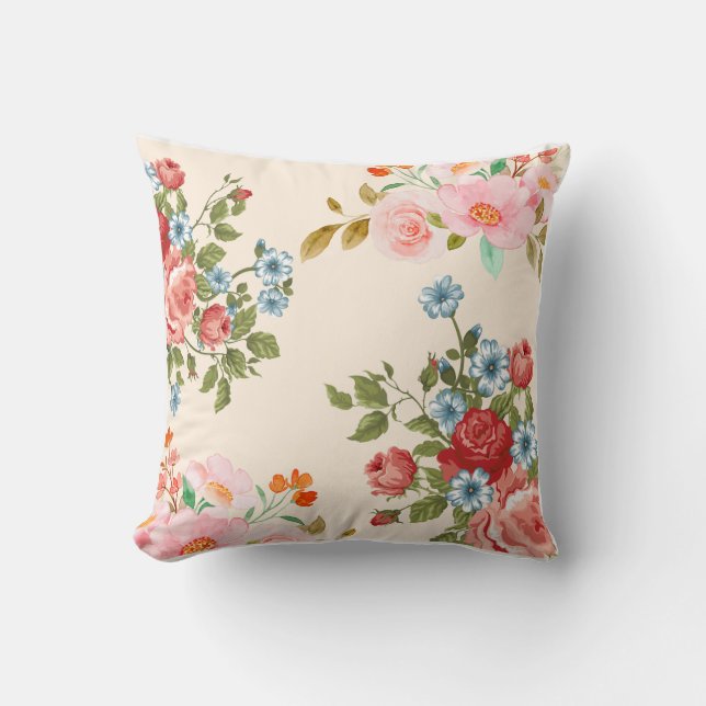 Beige Square Pillow with Elegant Floral Pattern (Front)