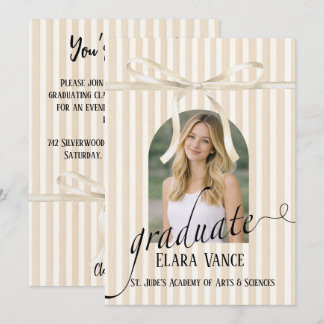 Beige Stripe Coquette Bow Graduation Invitation