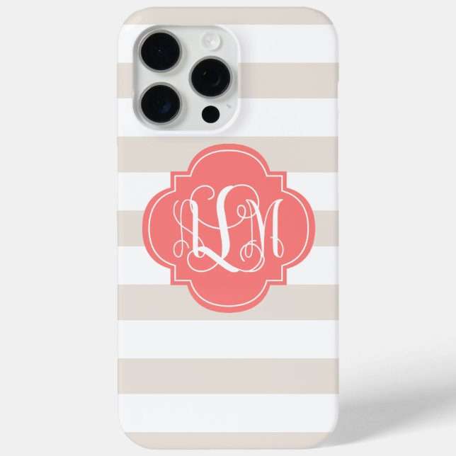 Beige Stripes and Coral Monogram Case-Mate iPhone Case (Back)