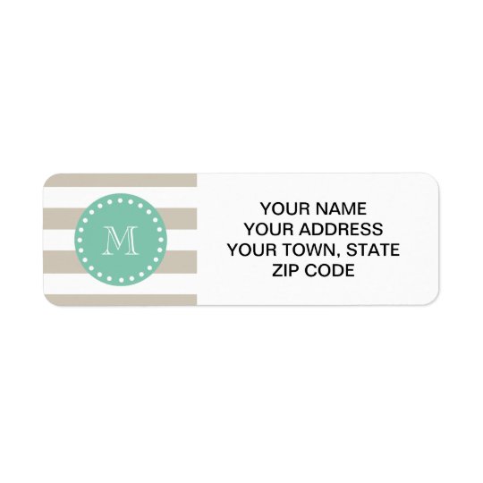 Beige Stripes Pattern, Mint Green Monogram Return Address Label