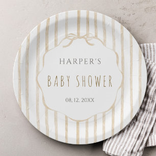 Beige Stripes with Scalloped Frame Baby Shower Paper Plate