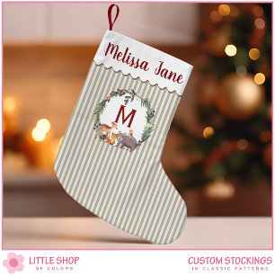 Beige Stripes Woodland Animals Monogram Small Christmas Stocking