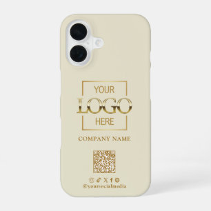Beige Stylish Minimalist Business Logo & QR Code iPhone 16 Case