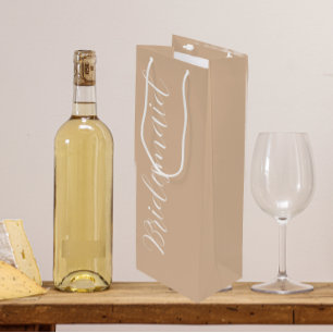 Beige Stylized Script Wedding Bridesmaid Wine Gift Bag