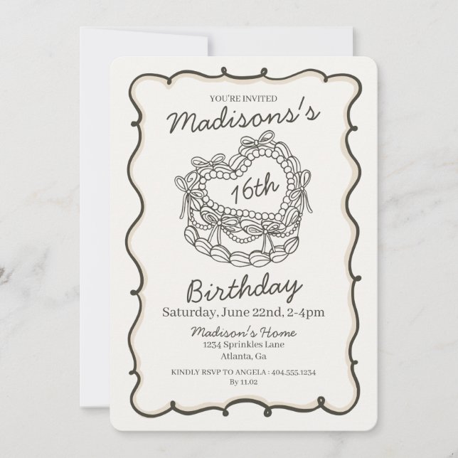 Beige Sweet 16 Heart Coquette Cherry Cake Birthday Invitation (Front)