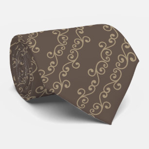 Beige Swirl Vector Pattern on Brown Tie