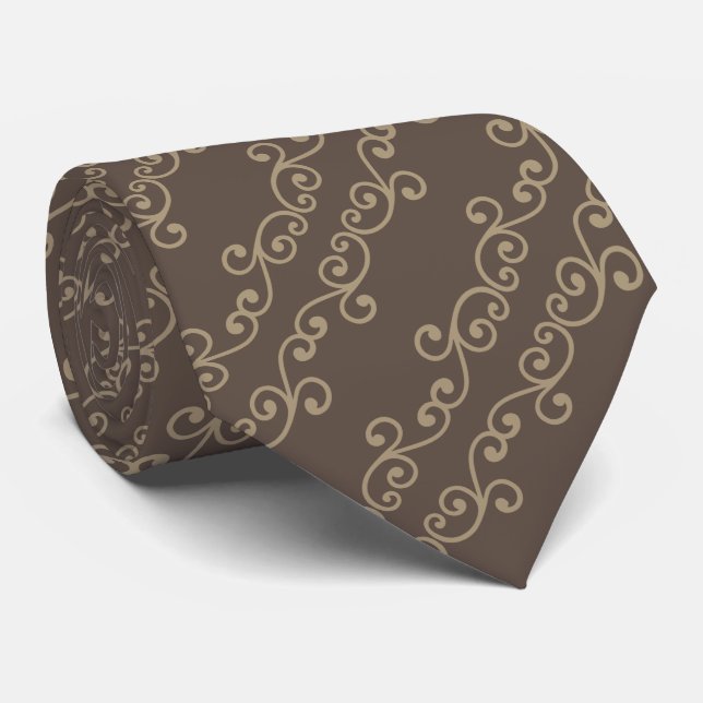 Beige Swirl Vector Pattern on Brown Tie (Rolled)