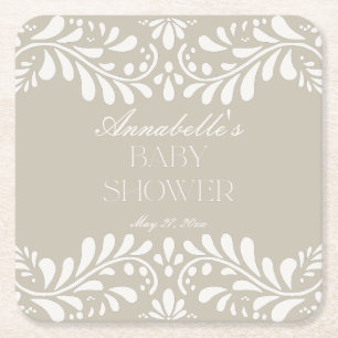 Beige Talavera Tile Spanish Fiesta Baby Shower Square Paper Coaster