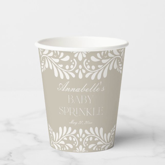 Beige Talavera Tile Spanish Fiesta Baby Sprinkle Paper Cups (Front)