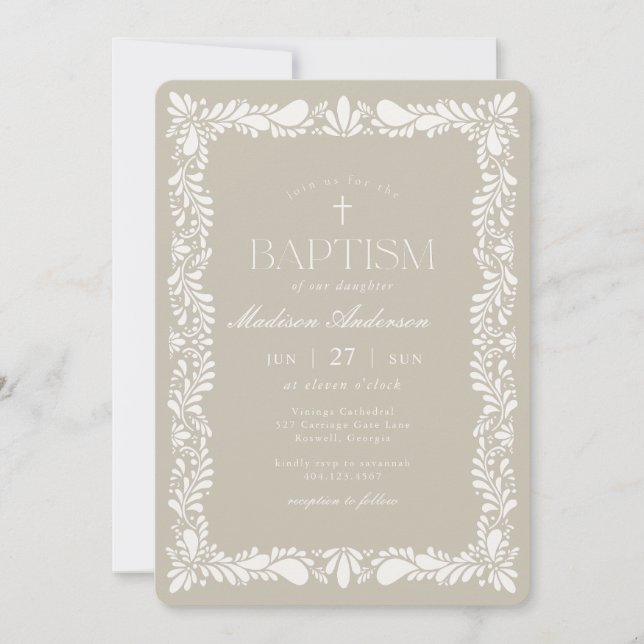 Beige Talavera Tile Spanish Fiesta Baptism Invitation (Front)