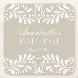 Beige Talavera Tile Spanish Fiesta Baptism Square Paper Coaster