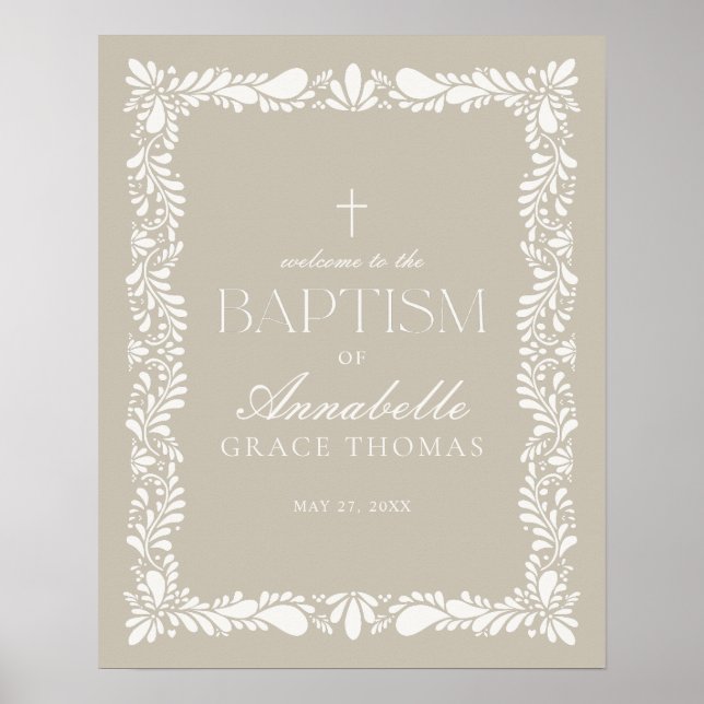 Beige Talavera Tile Spanish Fiesta Baptism Welcome Poster (Front)