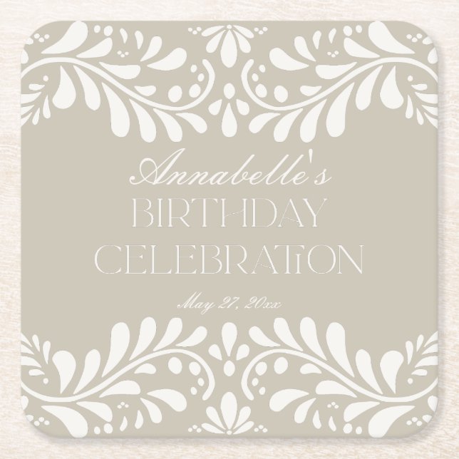 Beige Talavera Tile Spanish Fiesta Birthday Party Square Paper Coaster (Front)