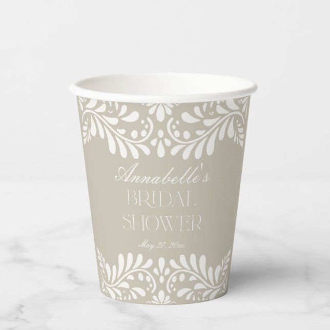 Beige Talavera Tile Spanish Fiesta Bridal Shower Paper Cups (Front)