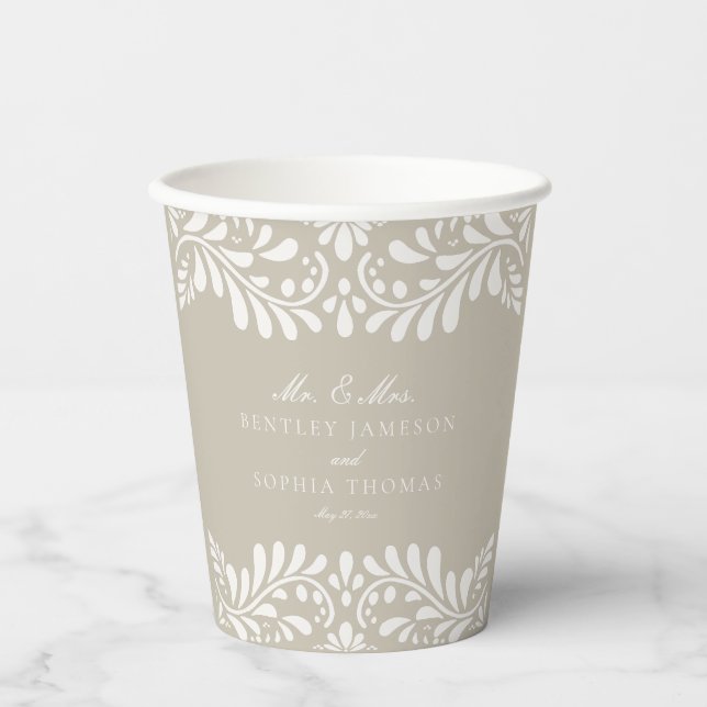 Beige Talavera Tile Spanish Fiesta Wedding Paper Cups (Front)
