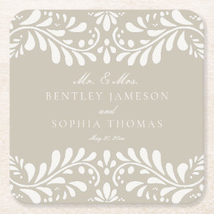 Beige Talavera Tile Spanish Style Fiesta Wedding Square Paper Coaster