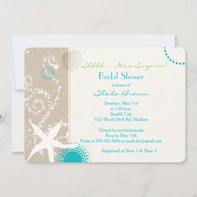 Beige Tan Aqua Beach Surprise Bridal Shower Invitation (Front)