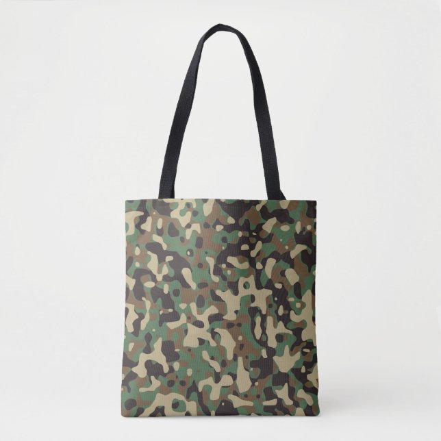 Beige, Tan Brown, Green, Dark Grey Camouflage Tote Bag (Front)