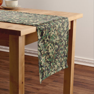 Beige, Tan Brown, Green, Grey Woodland Camouflage Long Table Runner