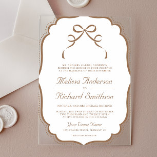 Beige Tan Coquette Bow Wedding Acrylic Invitations
