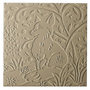 Beige Tan Fox Embossed Woodland Foliage Winter Tile