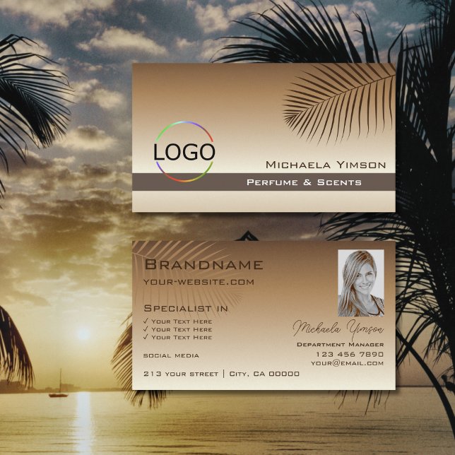 Beige Tan Gradient Palm Leaf with Logo and Photo Business Card (Creator Uploaded)